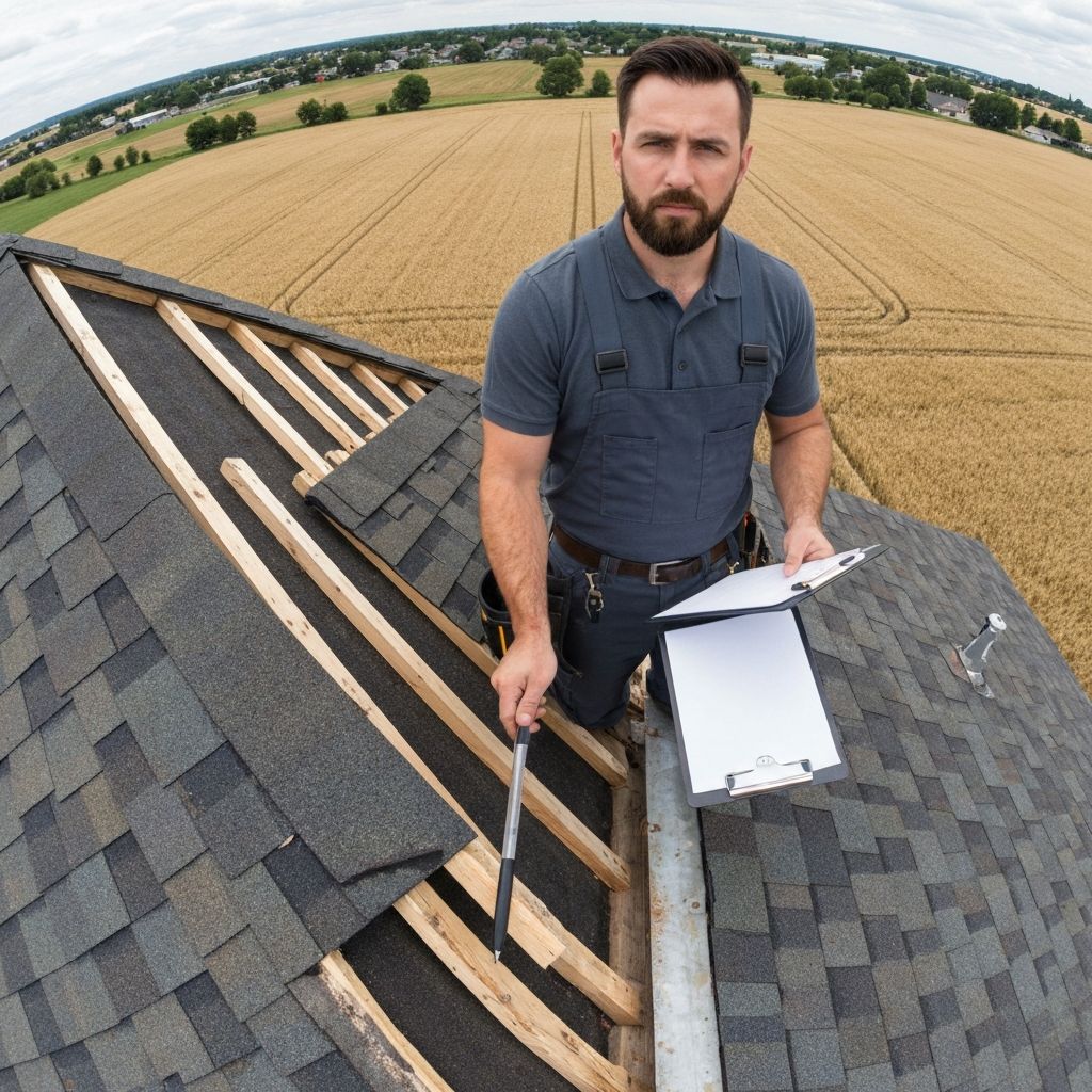 Professional roofing contractor inspecting roof