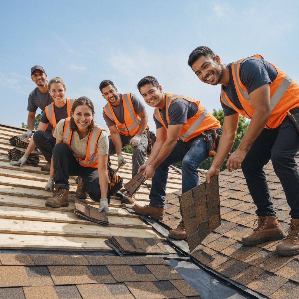 Professional roofing team at work